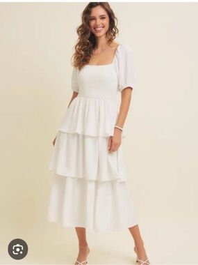 🪷Kings road White Tiered Dress with Puff Sleeves